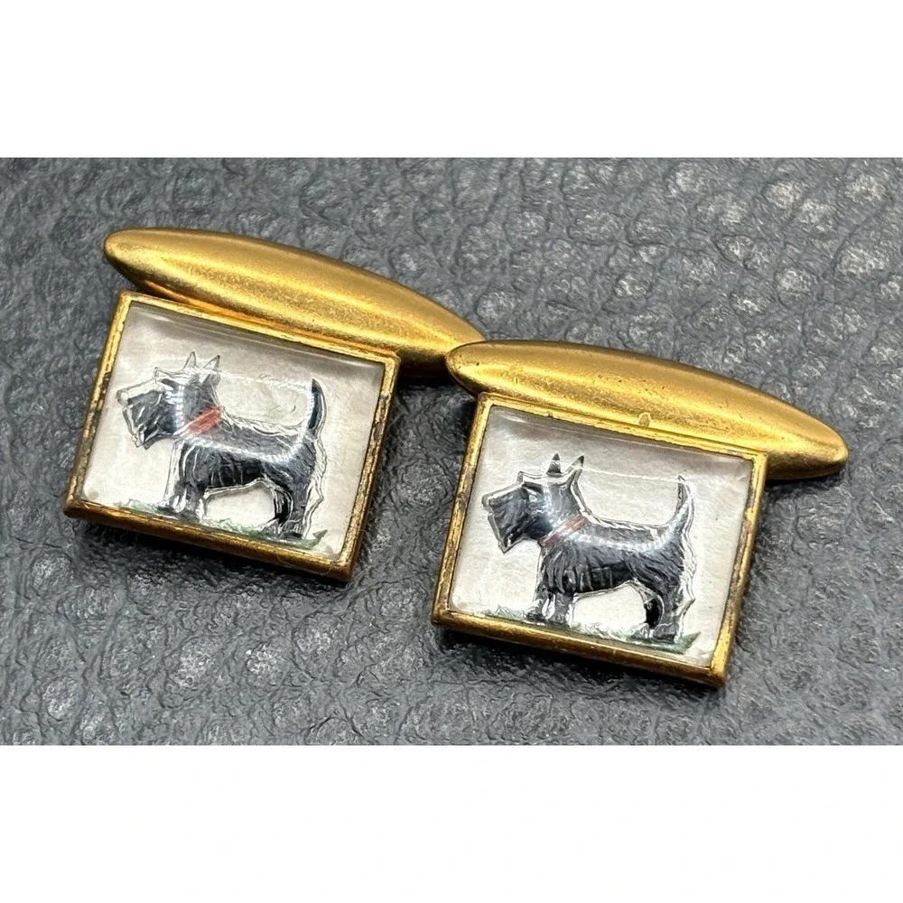 Vintage Scottish Terrier Scottie Dog Enamel Cufflinks Essex Gold Tone